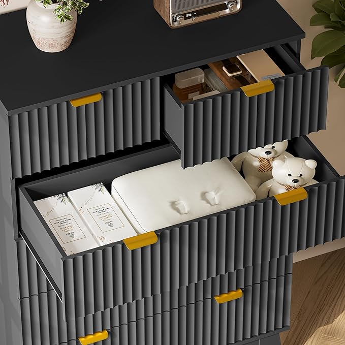 46" Tall Dresser for Bedroom, 6-Drawer Fluted Chest of Drawers, Modern Wood Highboy with Deep Storage, Metal Slides and Handles, Anti-Tip Kit, Vertical Clothes Organizer for Apartment, Nursery