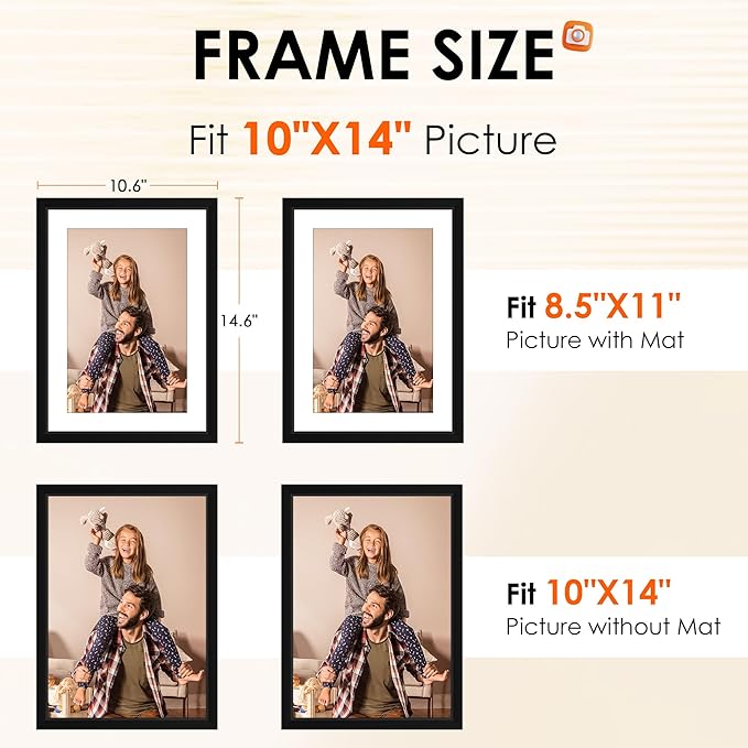 FIXSMITH 10x14 Picture Frame Set of 4, Photo Frame with HD Plexiglass, Display Pictures 8.5x11 with Mat or 10x14 Without Mat, Black Picture Frames Collage Wall Decor, Gallary Wall Frame