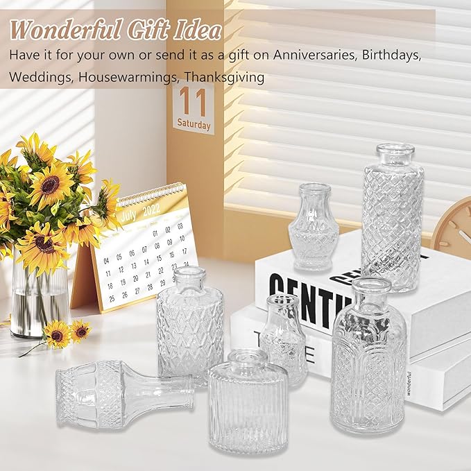 Set of 40 Glass Bud Vases, Small Clear Glass Vases in Bulk, Mini Vintage Embossed Flower Vase for Wedding, Centerpieces, Birthday Party, Baby Shower, Home Table Decorations (Clear)