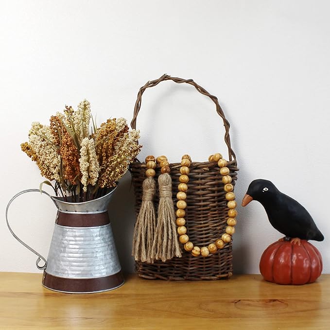 CVHOMEDECO. Wood Grain Beads Garland with Tassels Farmhouse Rustic Wooden Prayer Bead String Wall Hanging Accent for Home Festival Decor. Light Tan