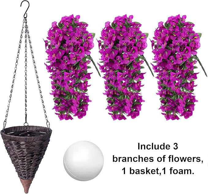 Artificial Bougainvillea Faux Flowers Plants Baskets for Outdoor Outside Summer Decoration, 3 PCS Fake Silk Long Hanging Vines UV Resistant Realistic for Front Door Porch Patio Balcony, Purple