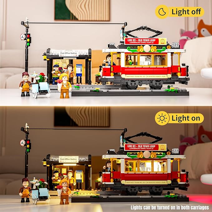 Heritage Tram and Station Lighting Building-Bricks Set - 1274 Pcs City Streetcar Modular Collection Old Town Downtown Display Model for Adults & Teens & Tram Enthusiasts