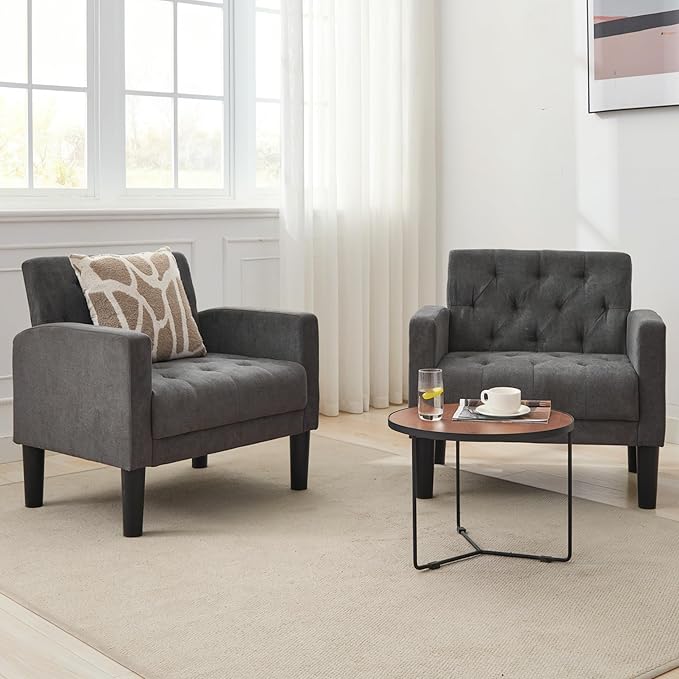 TYBOATLE Accent Chairs Set of 2, Mid Century Modern Upholstered Tufted Living Room Chair for Bedroom, Armchair for Waiting Room, Reading Chair for Office, Grey