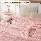 L'AGRATY Chunky Knit Blanket Throw: 72''x84'' Chenille Chunky Knitted Throw Blanket for Bed Couch - Handmade Thick Big Cable Knit Blanket - Large Chunky Crochet Rope Blanket for Home Decor(Pink)