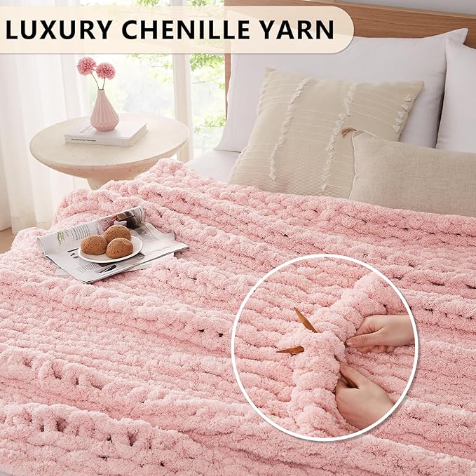 L'AGRATY Chunky Knit Blanket Throw - Soft Chenille Yarn Throw Blanket 40x50: Handmade Thick Knit Crochet Blanket - Large Chunky Rope Pink Throw Blanket for Couch Sofa Bed Home Decor