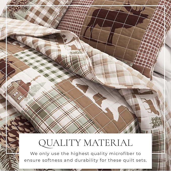 Rustic Cabin Full/Queen Size Quilt Set with Shams - All-Season, Lightweight, Reversible Bedspread - Lodge-Themed Summer Bedding Sets (Full/Queen, Hemlock Green/Brown).