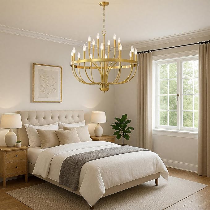 Gold Chandelier 18-Light Candle Chandelier Modern Farmhouse Pendant Lighting Fixture for Dining Room Bedroom Living Room Kitchen Island Foyer Entryway E12 Bulb Vintage Golden Ceiling Light