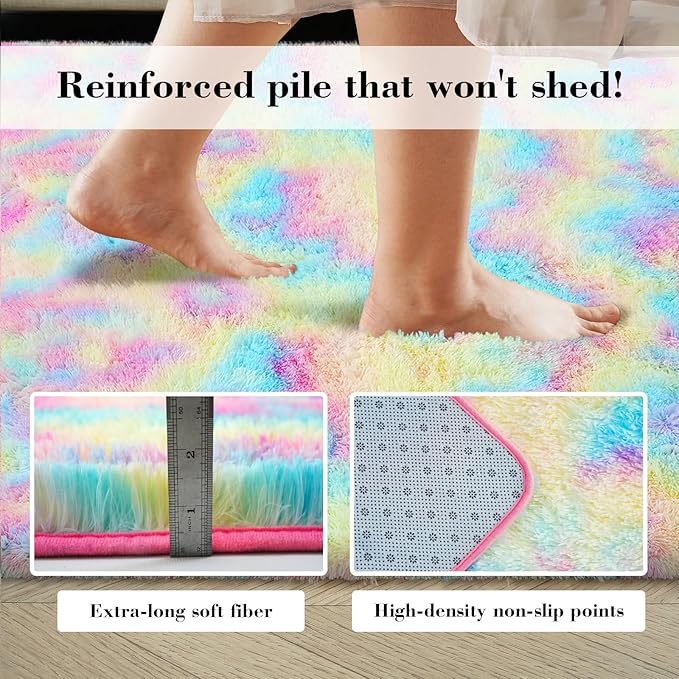 Rainbow Fluffy Rug Shaggy Area Rug, 6x9 Area Rugs for Girls Bedroom, Big Soft Shaggy Bedside Non-Slip Plush Dorm Nursery Kids Carpet Home Decor Aesthetic