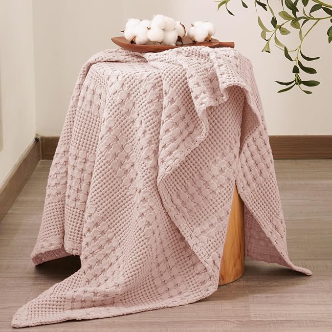PHF 100% Cotton Waffle Weave Throw Blanket, Soft Lightweight Breathable Cozy Summer Throws for Couch Bed Sofa, Luxury Aesthetic Woven Blanket for Home Decor & Office, 50"x60", Pink/Mauve