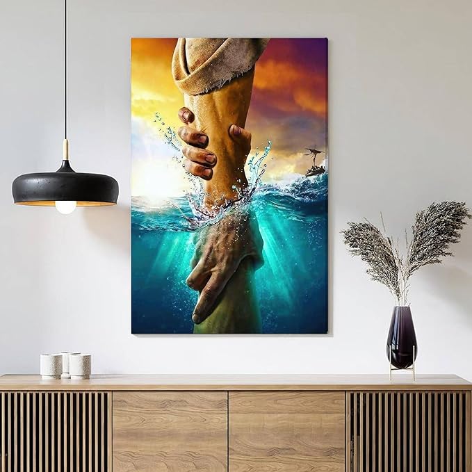 Framed Jesus Christ Canvas Wall Art The Hand of God Jesus Reaching Into Water Christian Painting Prints Biblical Wall Decor Religious Room Decor for Church Prayer Room Schools Hospitals 24'' x 36''