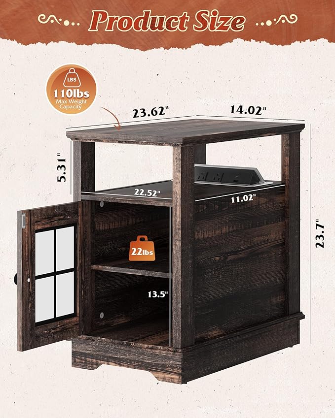 WLIVE Farmhouse End Table with Charging Station, Narrow Side Table for Living Room, Night Stand with Storage , Small Wooden Cabinet with USB Ports and Outlets for Bedroom, 23.62"D x 13.98"W x 23.7"H