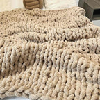 Chunky Knit Blanket Throw 48"x71", Chenille Throw Blankets, Handmade Warm & Cozy Blanket Couch Bed Home Decor, Soft Breathable Fleece Banket, Christmas for Couch Bed Sofa Best Gift (Tan)