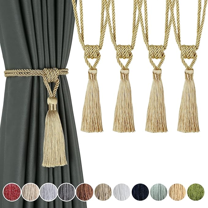 Fenghuangwu Curtain Tiebacks Tassel Tie-Backs, Rope Curtain tie Backs Handmade Curtain Holdbacks Made from Polyester (Gold, 4p)