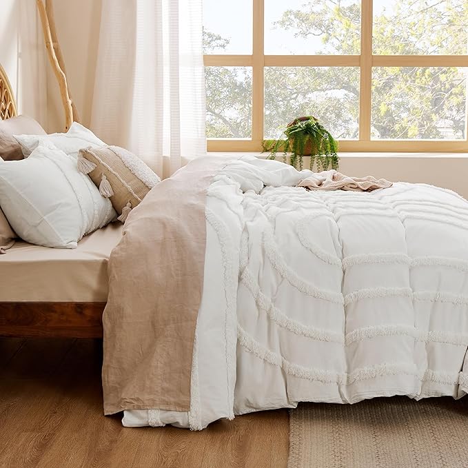 Bedsure Cotton Duvet Cover Queen Size - Tufted Arch Design Duvet Cover Set, 3-Piece Shabby Chic Boho Bedding, Soft and Breathable Bedding Set for All Seasons (Beige, Queen, 90"x90")