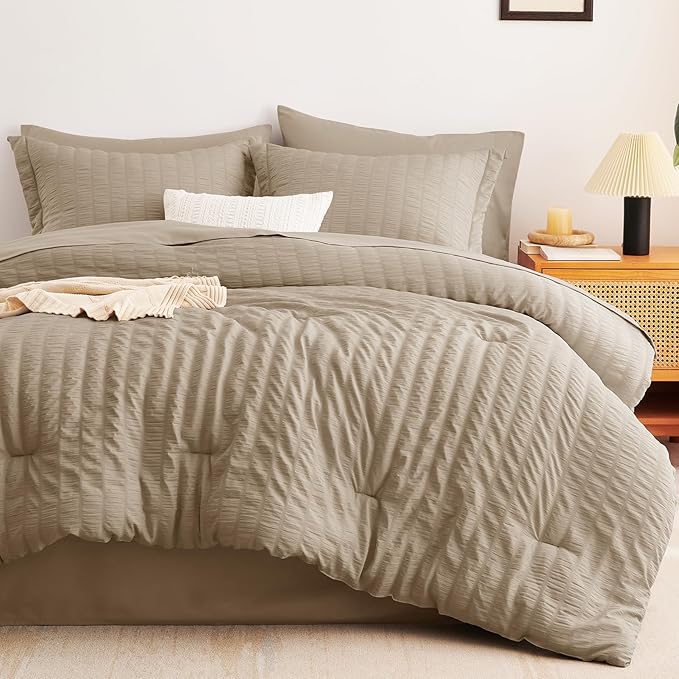 CozyLux Queen Comforter Set Taupe Seersucker 7 Pieces Bed in a Bag Queen Comforter Set with Sheets, Luxury Soft Bedding Set with Down Alternative Comforter, Sheets, Pillowcases & Shams for All Seasons