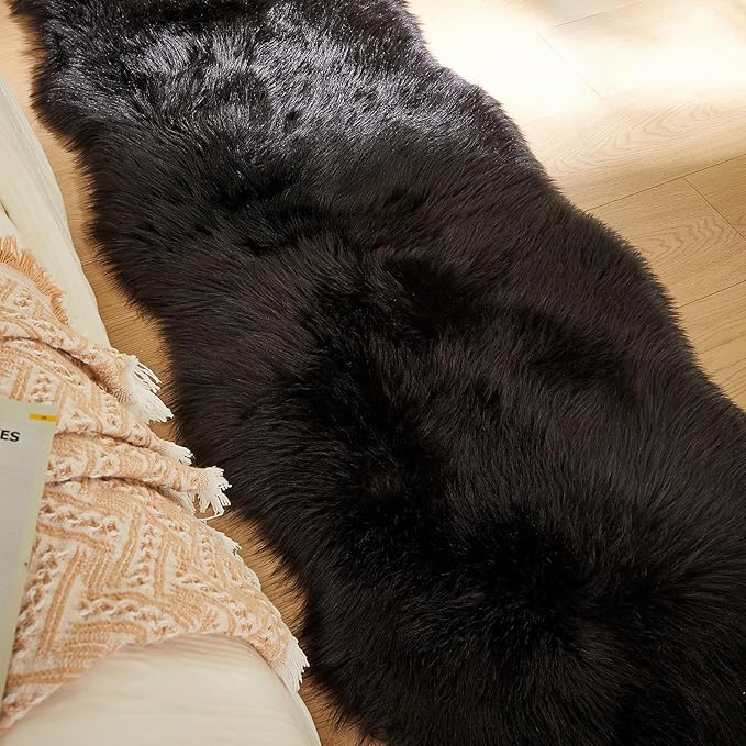 AMTOVO Faux Sheepskin Rug, Black Ultra Soft Fluffy Shag Area Rug, 2 x 6 ft Faux Fur Rug for Bedroom Sofa Throw Cushion Room Decor, Sheepskin