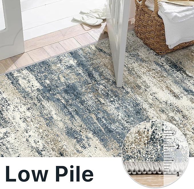 Machine Washable Rug 5x7 Area Rugs for Living Room Bedroom, Large Navy Blue Beige Abstract Area Rug Soft Throw Rugs, Low-Pile Floor Carpet with Non Slip Rubber Backing