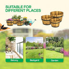 IDZO Set of 3 Wooden Flower Planters for Outdoor Plants, Acacia Wood Barrel Planters, Ergonomic Handles, Drainage Holes, Various Sizes, Golden Teak