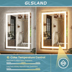 GLSLAND LED Bathroom Mirror - 26"x38" Anti-Fog Lighted Wall Mirrors with Memory Function, Dimmable, Frontlit & Backlit, Horizontally/Vertically, Tempered Glass