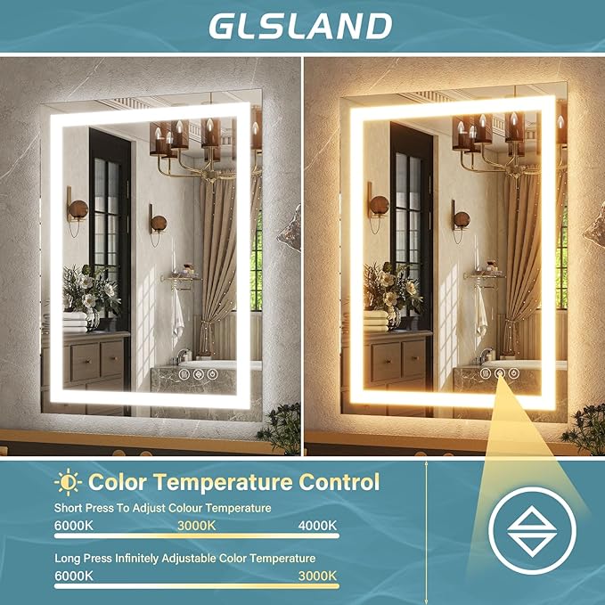 GLSLAND LED Bathroom Mirror - 26"x38" Anti-Fog Lighted Wall Mirrors with Memory Function, Dimmable, Frontlit & Backlit, Horizontally/Vertically, Tempered Glass