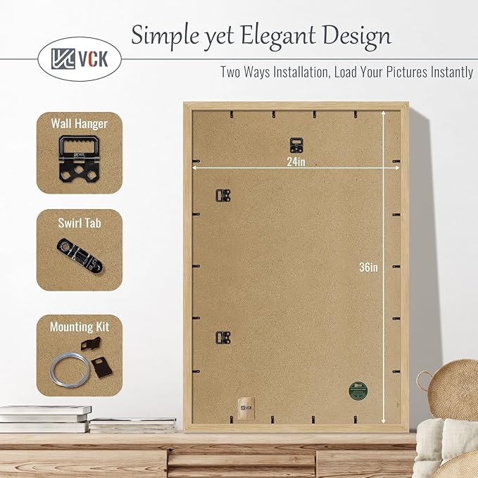 VCK 24x36 Oak Poster Frame 3 Pack, Natural Solid Wood Picture Frames, Wall Mounting Hanging