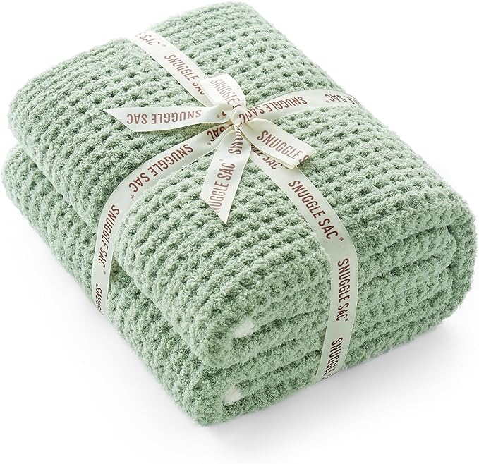 Snuggle Sac Sage Green Waffle Throw Blanket for Couch Bed Sofa 60x80 inches, Reversible Sage Green Blanket Microfiber Fluffy Fuzzy Cozy Knit Twin Blanket for Women Mothers Birthday Gifts