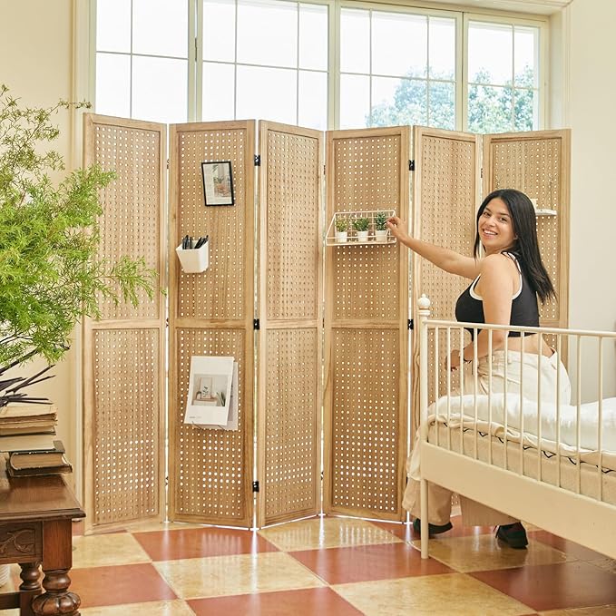 ‌Room Divider Freestanding Folding Pegboard Privacy Screen | 6-Panel Display Stand for Jewelry, Craft Shows, Retail | Natural Wood, Portable & Space-Saving Design