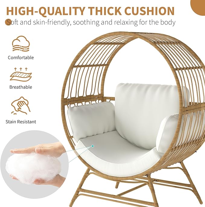 Egg Chair Outdoor Indoor, Oversized Rattan Chair with Thicken Cushion, 350LBS Capacity Wicker Patio Lounge Chair, Basket Chair for Living Room Balcony Porch Backyard, Beige