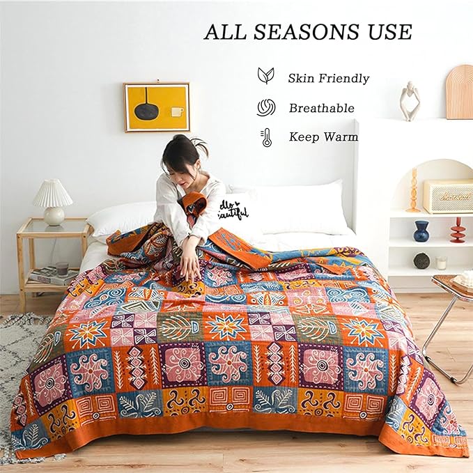 Christmas Cotton Throw Blanket for Couch Bed 60''x80'',Cotton Quilt Boho Throw Blanket Muslin Bed Travel Blanket Vintage Soft Cozy Checkered Blankets Gift for Women