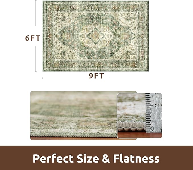 AMOAMI-Area Rug 6X9 Rugs for Living Room-Vintage Soft Green Rugs for Bedroom-Non Slip Carpet-Machine Washable Rug for Dining Room Living Room Bedroom Office Under Table
