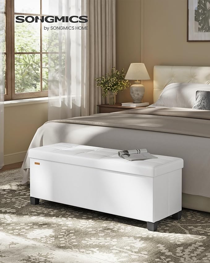 SONGMICS Storage Ottoman, Storage Bench with Legs, 15 x 43 x 15.7 Inches, Ottoman Bench, 30 Gal. (112 L), Synthetic Leather, for Living Room, Entryway, Cloud White ULSF0514W02