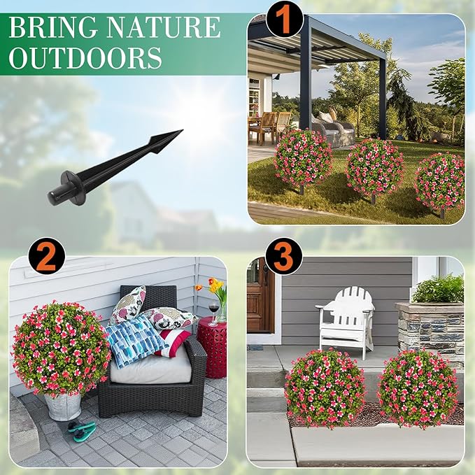 25" Artificial Boxwood Topiary Ball Trees with Rose Pink Flowers, Set of 2 UV Resistant No Fade Outdoor Faux Plants with Ground Spike, Fake Shrubs for Garden, Patio, Porch, Yard, Indoor Decor