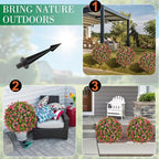 25" Artificial Boxwood Topiary Ball Trees with Rose Pink Flowers, Set of 2 UV Resistant No Fade Outdoor Faux Plants with Ground Spike, Fake Shrubs for Garden, Patio, Porch, Yard, Indoor Decor