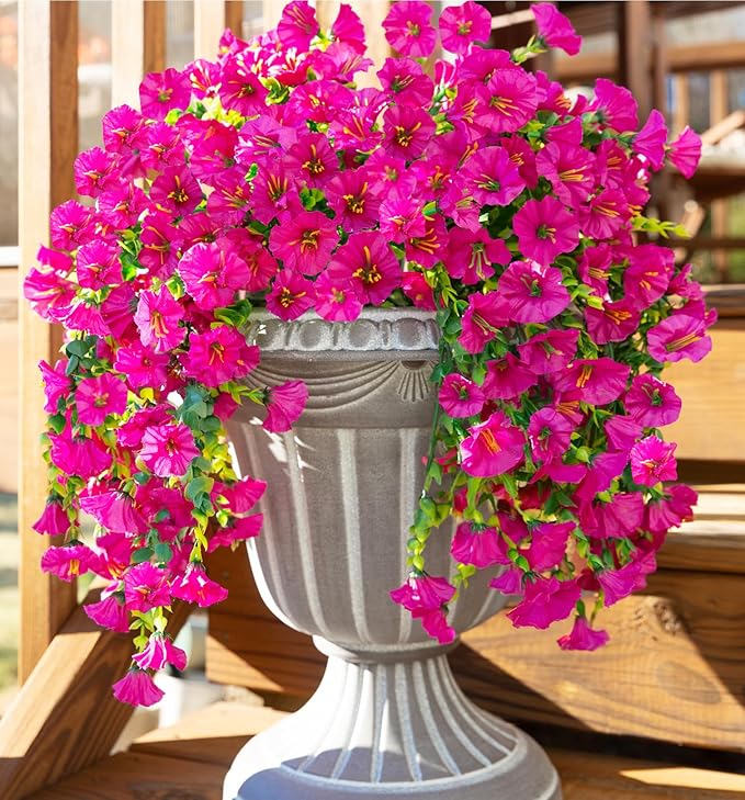 Ivydale 2 PCS Artificial Hanging Flowers Fake Plants Outdoor,Silk Morning Glory Faux Flowers with Eucalyptus Leaves,UV Resistant Realistic Hanging Petunias Plants for Home Garden Decor (Fuchsia)
