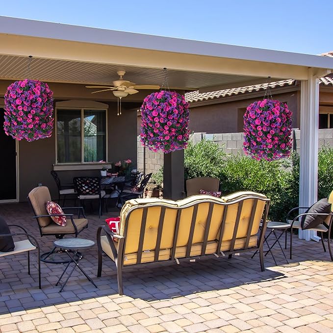 Artificial Fake Fall Hanging Plants Flowers for Outdoor 2 PCS Faux Silk Morning Glory Vines Stems UV Resistant for Wall Home Porch Patio Party Wedding Decor (Dark Purple and Fuchsia)