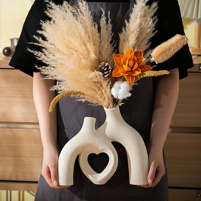 Snuggle Hollow Ceramic Decorative Vase, Modern Minimalist Nordic Boho Ins Style Vases for Home Decor Living Room Shelf Entryway Coffee Table or Console Décor (Matte Milky White)