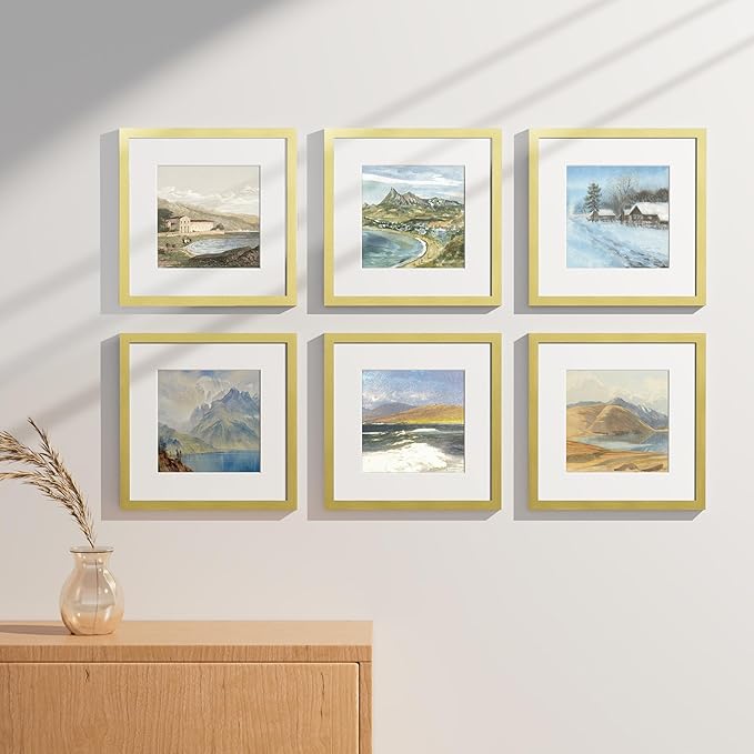 Vittanly 12x12 Picture Frames Set of 9, Shatter Resistant Plexiglass, Display 8x8 Pictures with Mat or 12x12 without Mat, Photo Frames for Wall Mount, Engineered Wood, Gold