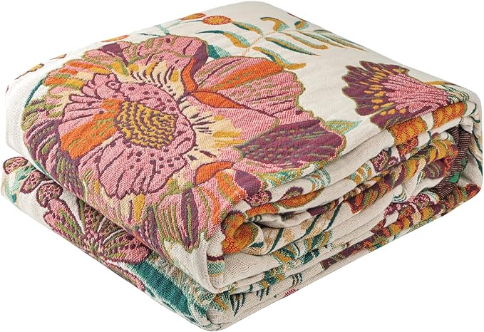 Boho Throw Blanket for Bed - 100% Pure Cotton Ultra Soft Rustic Quilt - Farmhouse Decor Bed Blankets, All Season Rustic Throw for Sofa Couch Chair(91''x 98'', Floral Blossom)