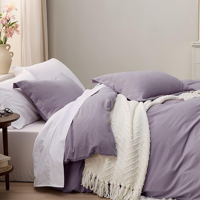 Bedsure Grayish Purple Duvet Cover Full Size - 3 Pieces Prewashed Extra Soft Cotton-Like Bedding Set, Includes 1 Duvet Cover 80x90 Inches with Zipper Closure & 2 Pillow Shams, Comforter Not Included
