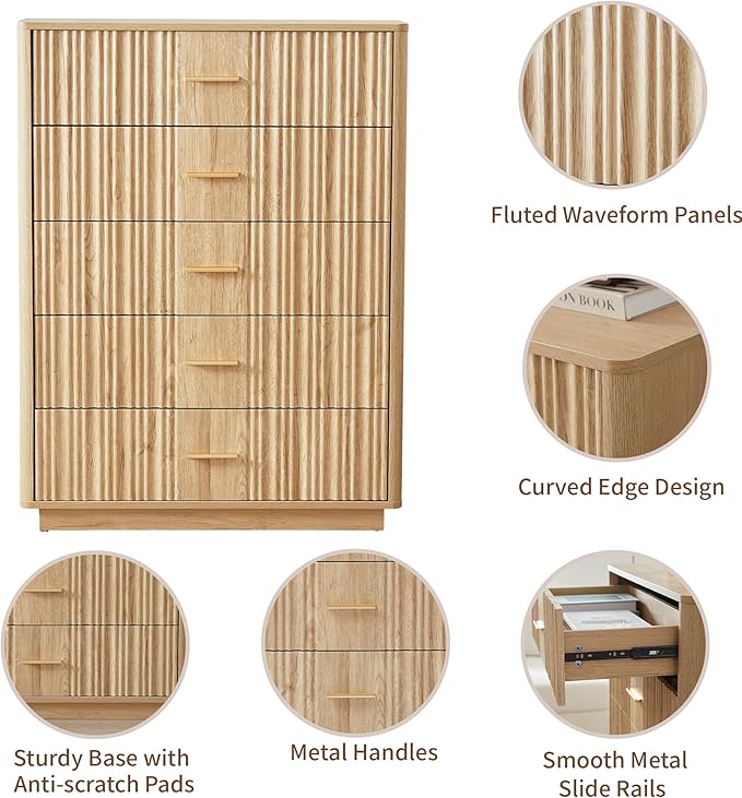 Fluted 5 Drawers Dresser for Bedroom, Wooden Tall Storage Dresser TV Stand, Curved Profile Modern Chest of Drawers, Wood Closet Clothes Storage Organizer for Living Room, Hallway, Natural 2 Sets