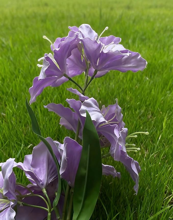 10-Bud Artificial Lily Flowers, 4 Pcs Fake Outdoor Flowers, UV Resistant Faux Flowers for Outdoor Planters, Silk Flowers for Wedding Decoration (Purple)