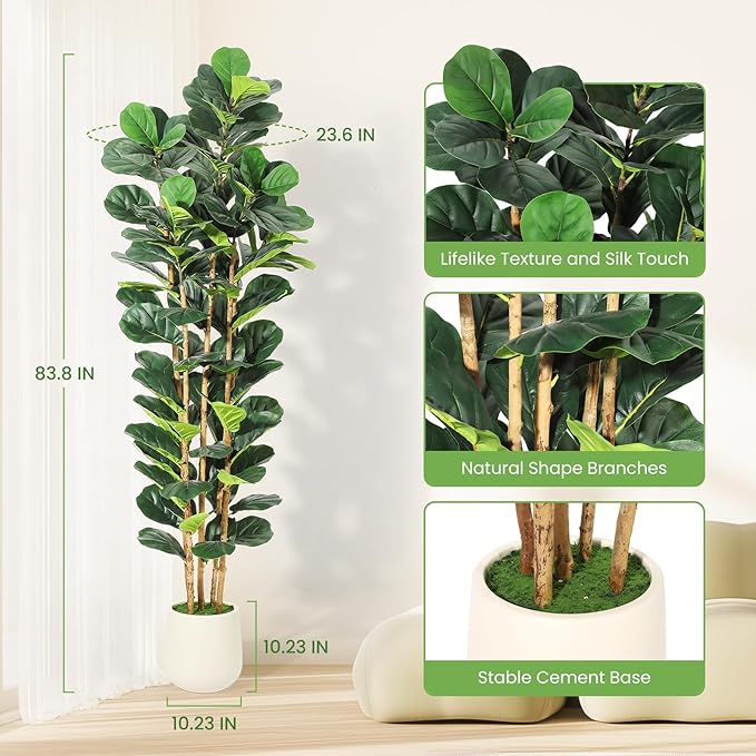 GarveeHome 7 ft Faux Fiddle Leaf Fig Tree with White Pot, Faux Trees with Artificial Plants 107 Fiddle Leaves Greenery - Lifelike Fake Tree for Home Office Store Room Decor Indoor Outdoor