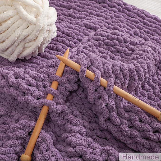 WESHIONGOO Chunky Knit Blanket Throw Knitted Throw Blankets for Couch Bed Fluffy Soft Blanket with Jumbo Chenille Yarn Thick 100% Handmade (Purple, 50"×60")