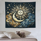HZOHNAGO Sun Moon Tapestry Boho Golden Stars Pattern Printed Wall Tapestry Wall Hanging for Bedroom Living Room Dorm 60" W x 50" H