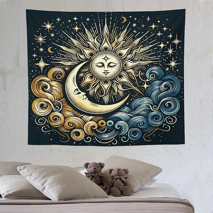 HZOHNAGO Sun Moon Tapestry Boho Golden Stars Pattern Printed Wall Tapestry Wall Hanging for Bedroom Living Room Dorm 60" W x 50" H