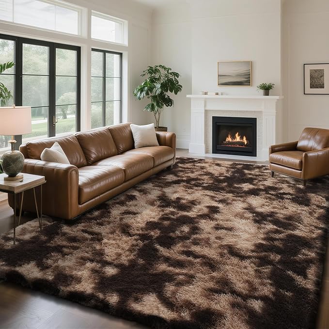 Fluffy Rug Shaggy Area Rug, Mottling Brown 8x10 Area Rugs for Living Room, Large Shag Area Rugs for Bedroom Kids Room Home Decor, Upgrade Anti-Skid Rectangular Fuzzy Rugs