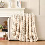 Esterra Chunky Knit Blanket Throw, 100% Handmade Chenille Throw Blanket 50"x60", Soft Thick Yarn Cable Knit Crochet Throw Blanket Rope Knot Throw for Couch Bed Sofa, Apricot White