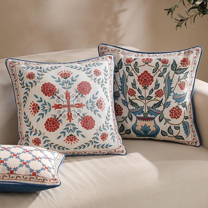 patdrea Designer Throw Pillow Covers Set of 4,Brilliant Vintage Red Tropical Linen with Floral Pattern Pillow Cover,Decorative Lumbar and Square Pillowcases Cushion for Bed Living Room Outdoor