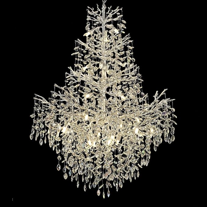H65'' Silver Tree Branch Crystal High Ceilings Chandeliers,Modern Crystal Staircase Chandeliers, D48'' Foyer Chandelier for High Ceiling, Luxury Large Living Room Chandelier, 27-Lights
