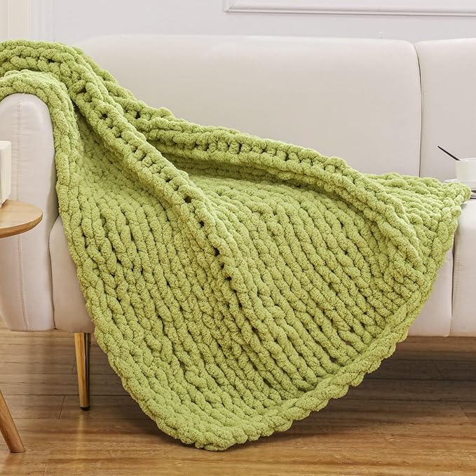 WESHIONGOO Chunky Knit Blanket Throw Knitted Throw Blankets for Couch Bed Fluffy Soft Blanket with Jumbo Chenille Yarn Thick 100% Handmade (Lime Green, 40"×40")